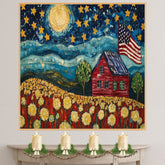 Patriotic Farmhouse Under Starry Sky with American Flag and Flower Field, Folk Art Style 4th of July Scene in Bold Colors and Textured Brushstrokes on Ready to Hang 1.5" Thick Canvas Wrap, Floating Framed Canvas, Flat Rolled Canvas